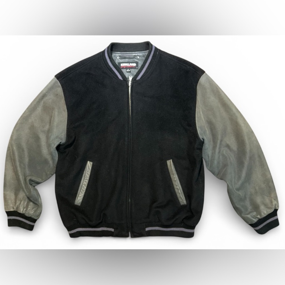 Kirkland Signature Varsity Jacket Mens M Black Wool Gray Leather Quilt Lined